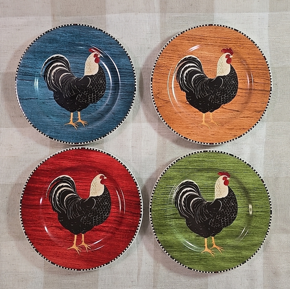 Set of 4 Sakura Warren Kimble Rooster 1999 Salad Plates Farmhouse/Folk Art